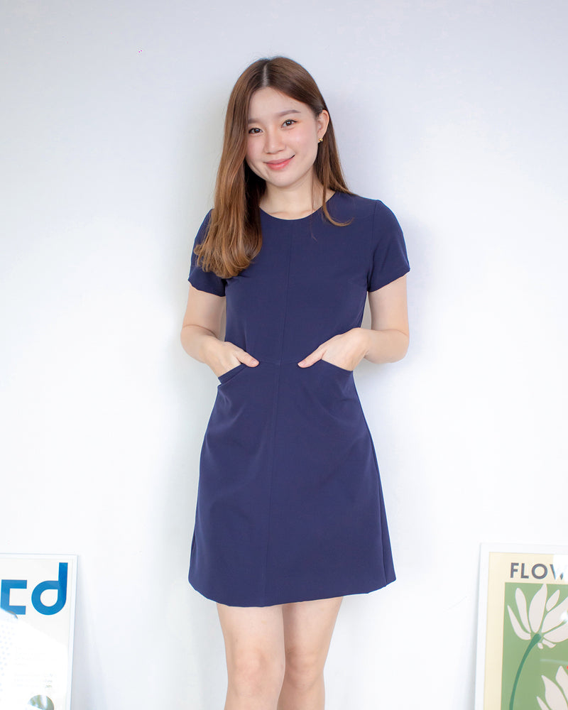 Pocket me Dress 前口袋設計圓領輕便連身裙 - Navy 海藍色 (CB544)