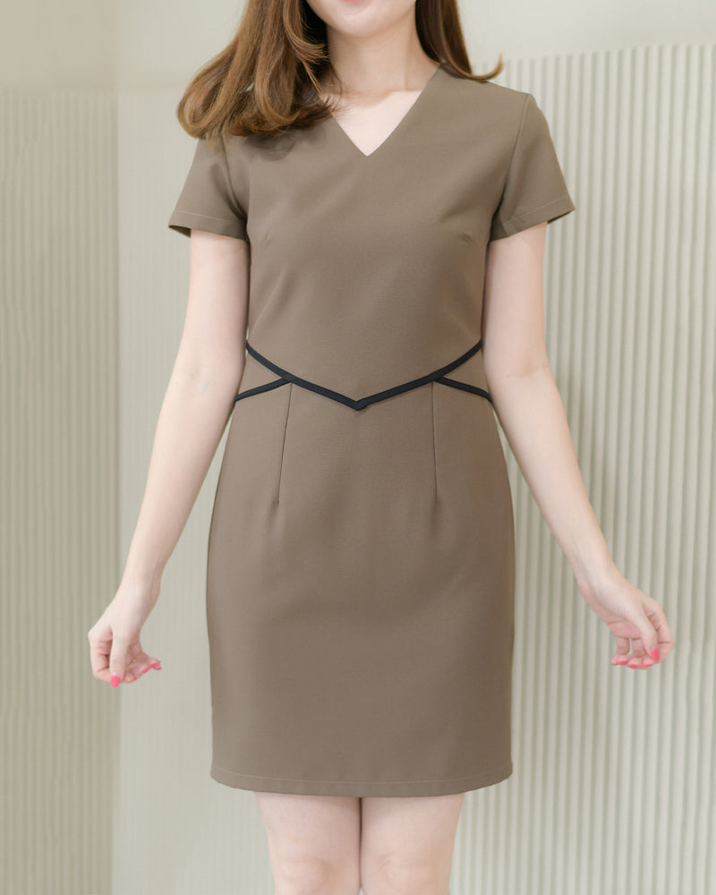 Barbara Dress 最強收腰效果V領短袖連身裙 - Brown 咖啡色 (CB548)