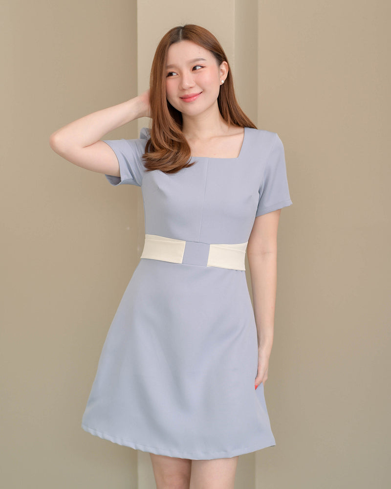 Tammy Dress 平口領蝴蝶腰帶連身裙 - Blue Gray 粉藍色 (CB541)