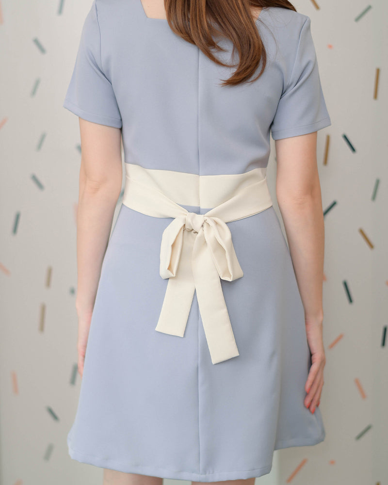 Tammy Dress 平口領蝴蝶腰帶連身裙 - Blue Gray 粉藍色 (CB541)