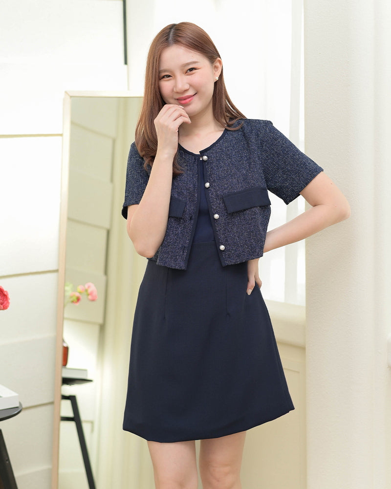 Zuzee Dress 小香風仿兩件外套A字連身裙 - Navy 深藍色 (CB539)