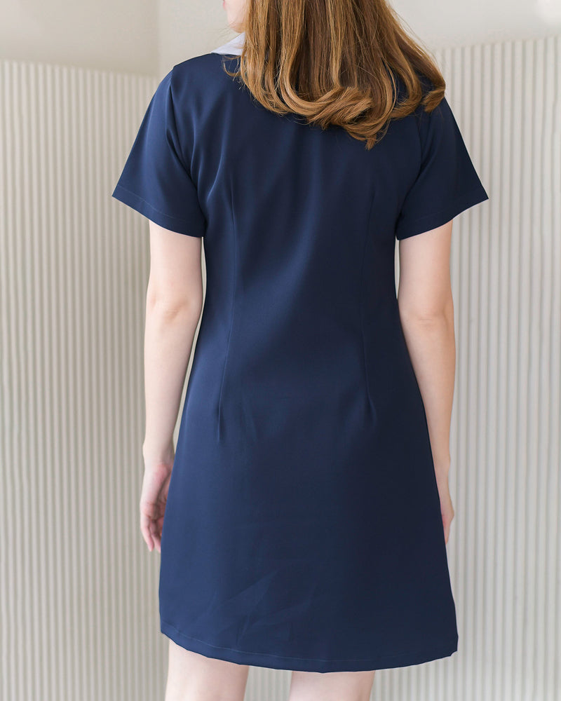 Shizuka Dress 可愛圓領拼色A字連身裙 -Navy 深藍色 (CB576)