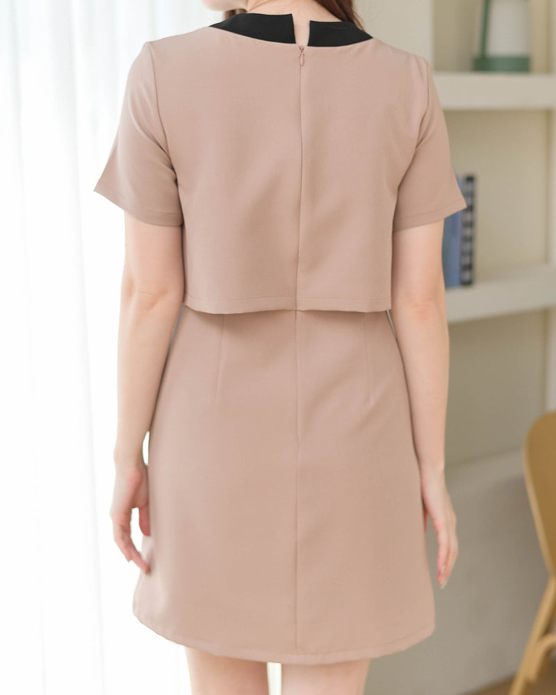 Polly Dress 圓領拼色連身A字裙- Brown Pink 棕粉色 (CB568)