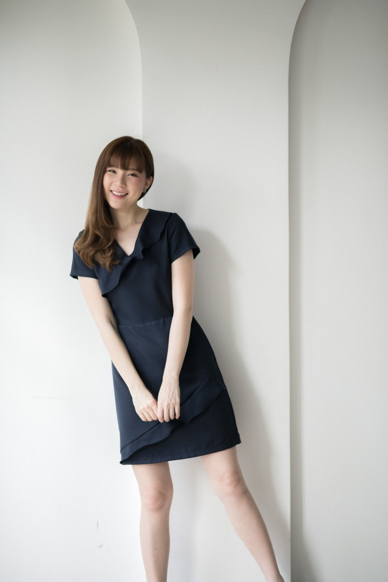 Yogurt Dress波浪紋短袖V領連身裙 - Navy 深藍色 (CB562)