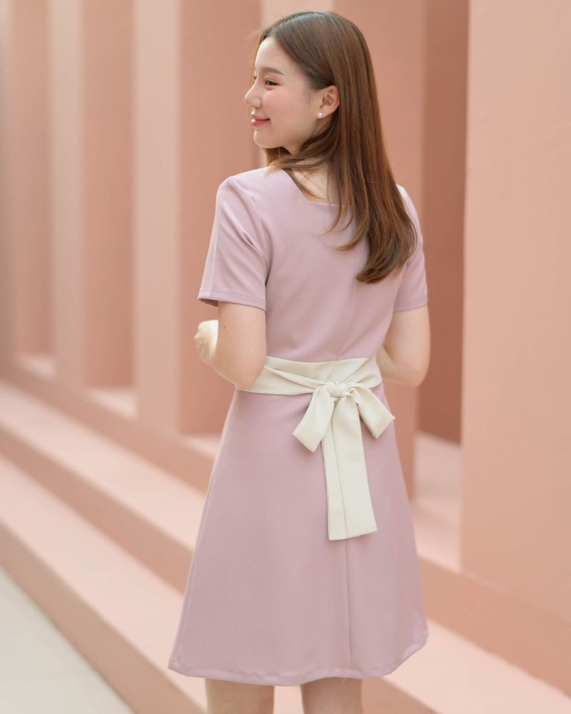 Tammy Dress 平口領蝴蝶腰帶連身裙 - Light Pink 淺粉紅色 (CB541)