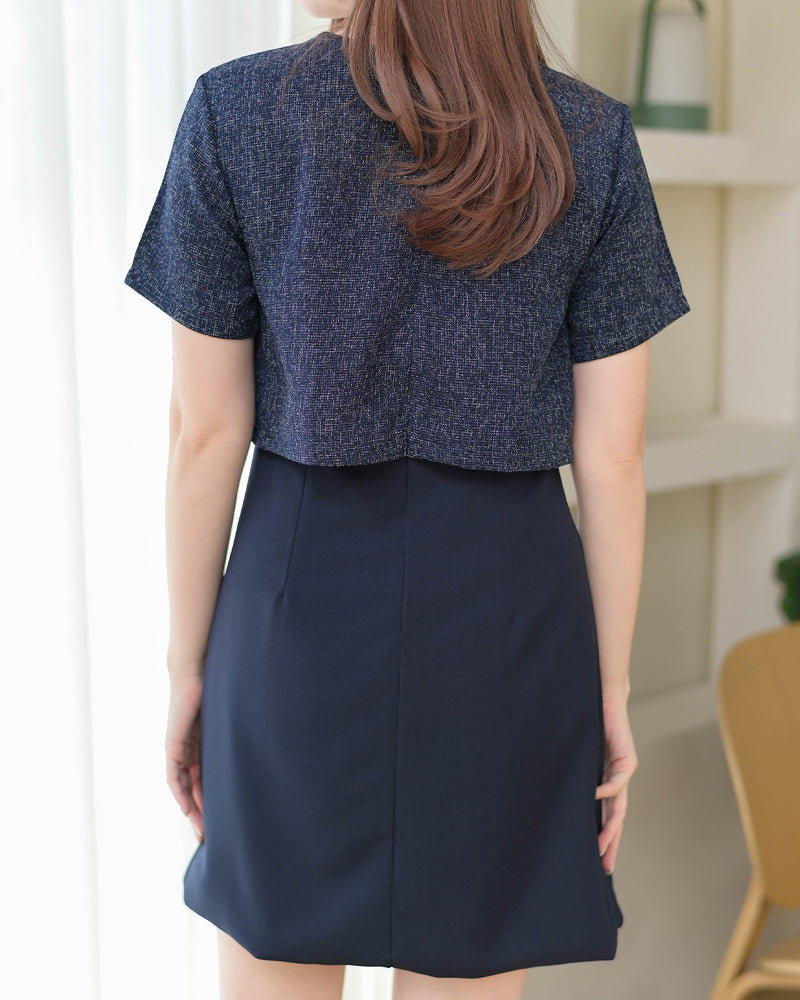 Zuzee Dress 小香風仿兩件外套A字連身裙 - Navy 深藍色 (CB539)