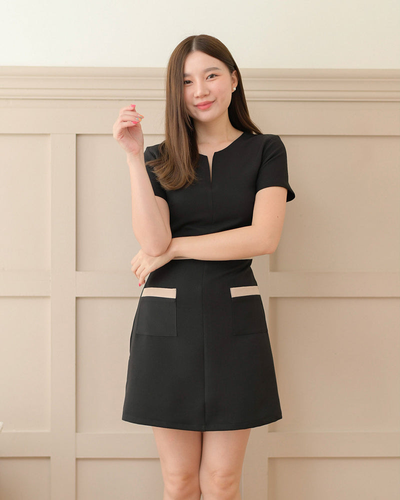 Vanisa Dress 柔軟V領雙色連身裙 - Beige Black 米黑色 (CB552)