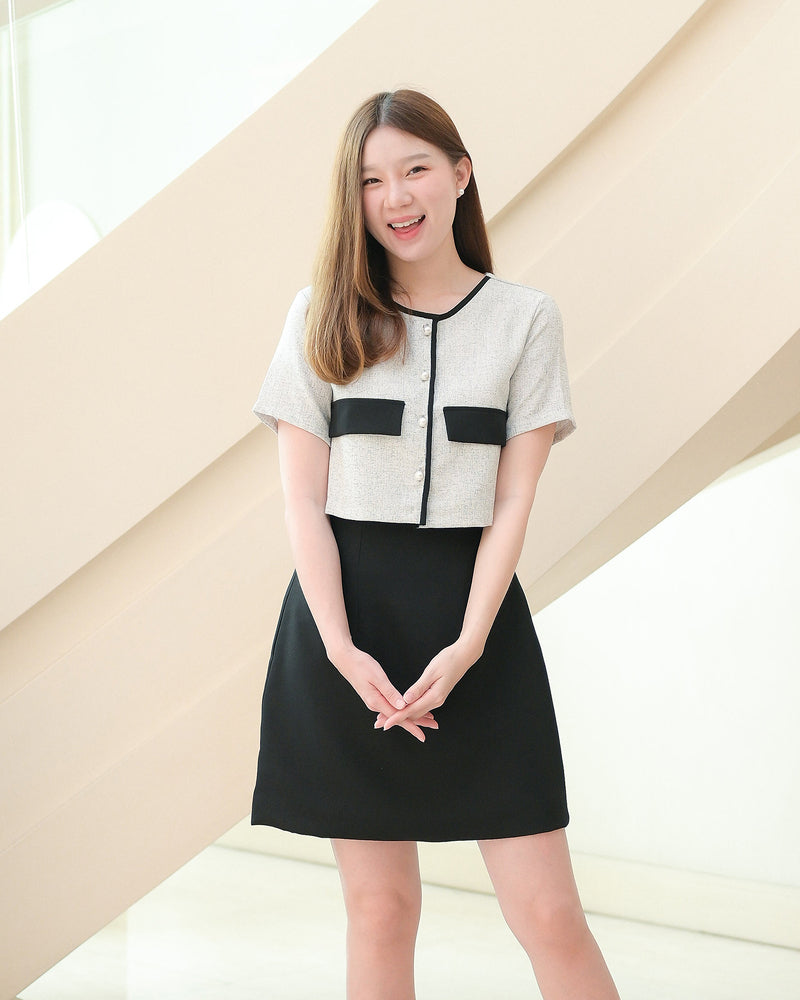 Zuzee Dress 小香風仿兩件外套A字連身裙 - Black 黑色 (CB539)