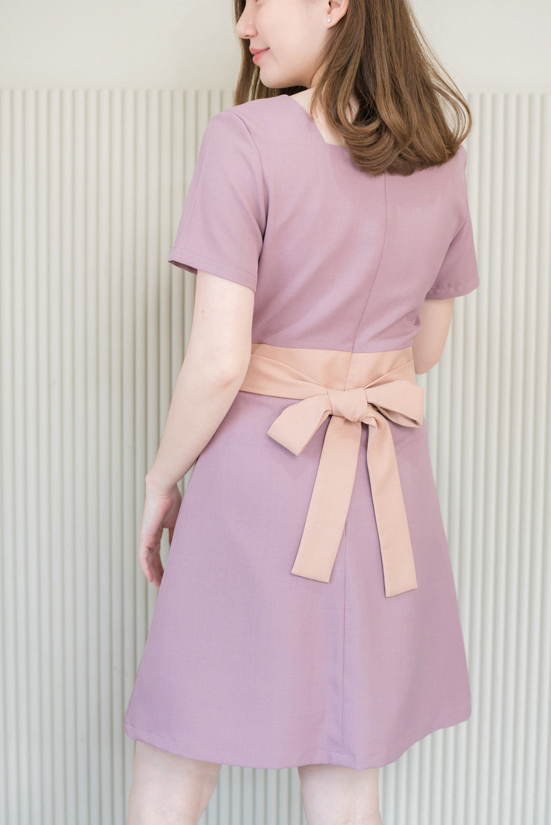 Tammy Dress 平口領蝴蝶腰帶連身裙 - Pink 粉藕色 (CB541)