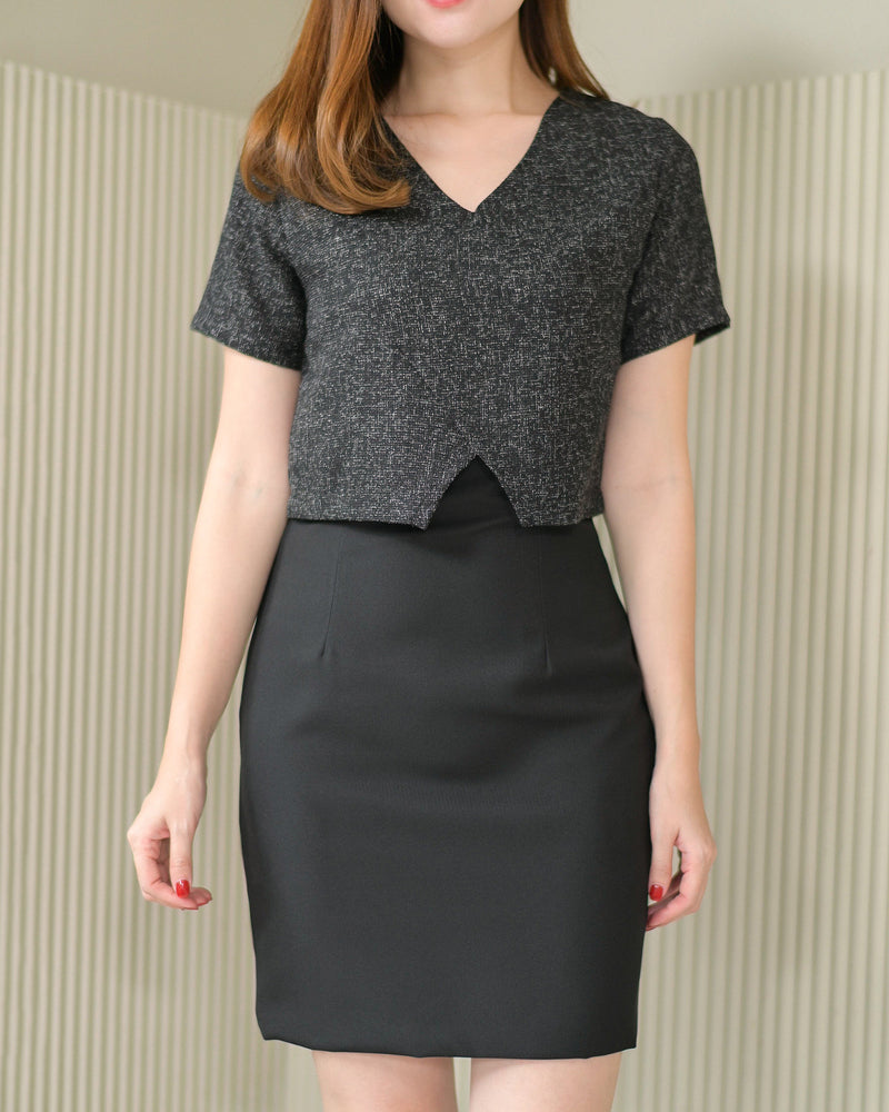Stephanie dress (chanel) 小香風編織仿兩件V領設計連身裙 - Black 黑色 (CB540)