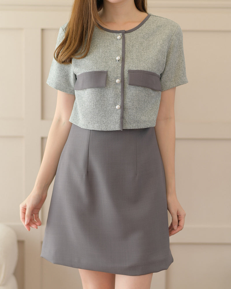 Zuzee Dress 小香風仿兩件外套A字連身裙 - Dark Gray 深灰色 (CB539)