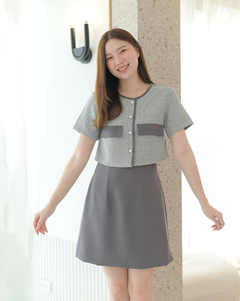 Zuzee Dress 小香風仿兩件外套A字連身裙 - Dark Gray 深灰色 (CB539)