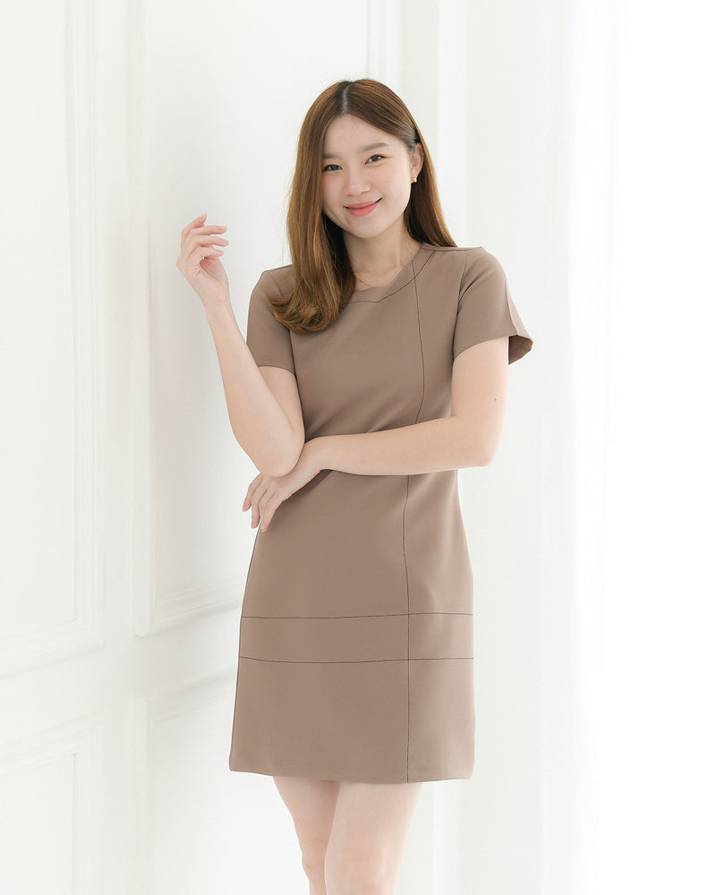 Cross Line Dress 短袖圓領間線設計西裝連身裙 - Brown 棕色 (CB534)
