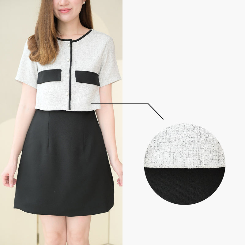 Zuzee Dress 小香風仿兩件外套A字連身裙 - Black 黑色 (CB539)