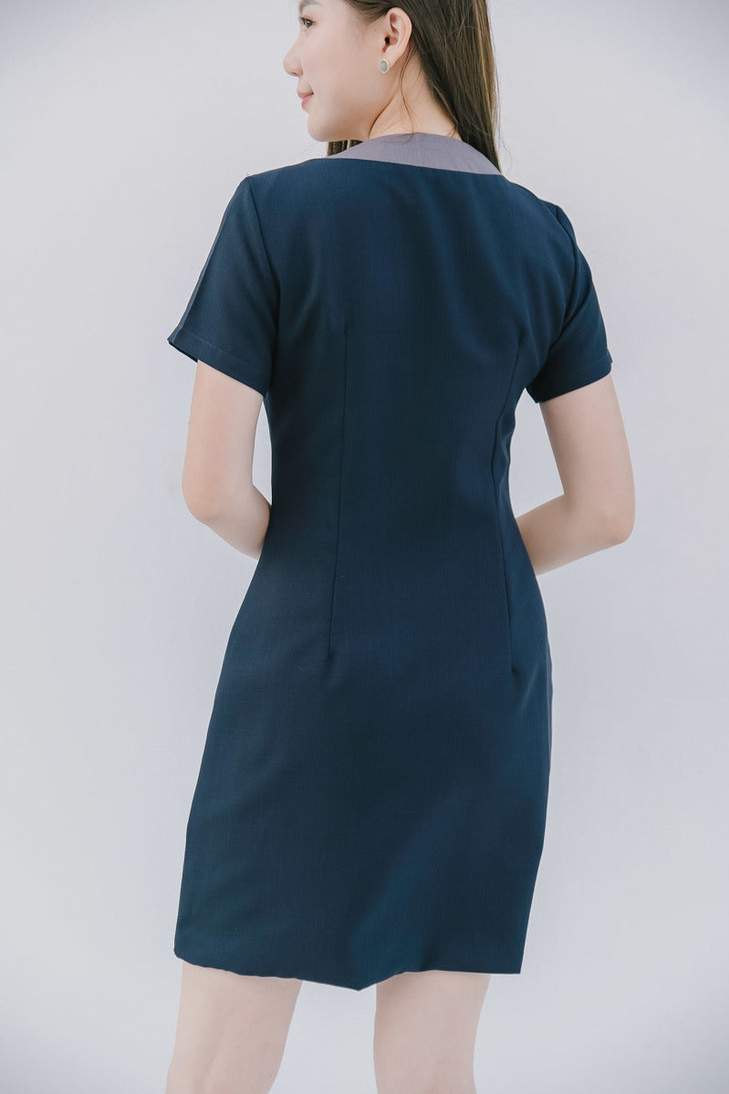 Gypso Dress 前排拼色鈕扣設計V型輕便舒適連身裙 - Navy 軍藍色 (CB542)