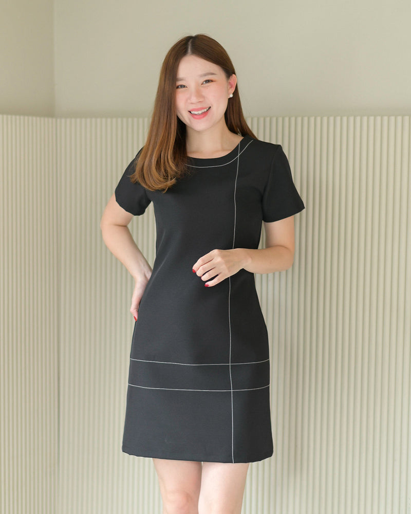 Cross Line Dress 短袖圓領間線設計西裝連身裙 - Black 黑色 (CB534)