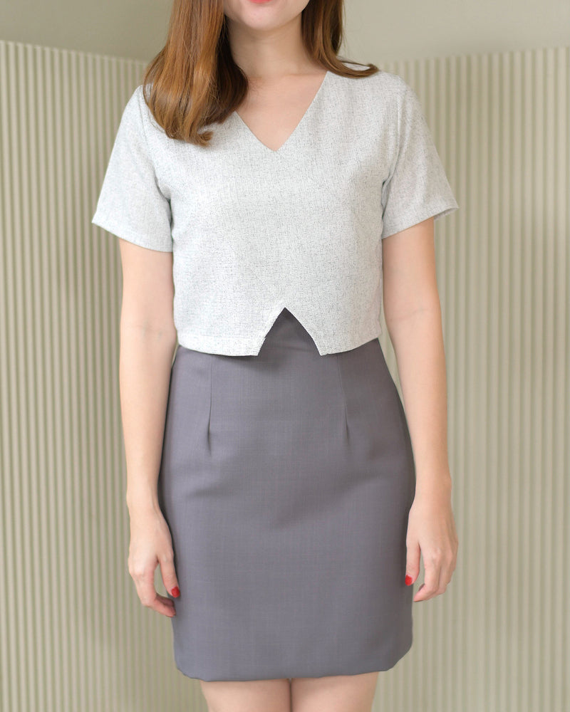 Stephanie dress (chanel) 小香風編織仿兩件V領設計連身裙 - Gray 灰色 (CB540)