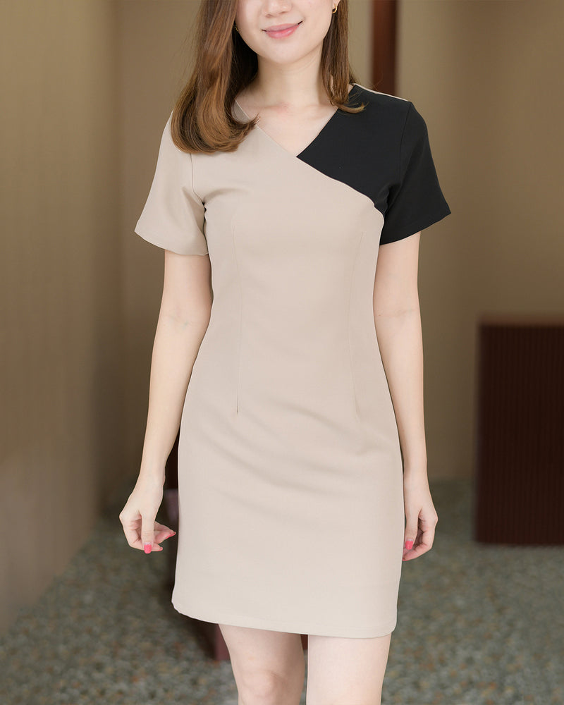 Sand Dress 兩色短袖拼接修腰連身裙 - Beige Black 米黑色 (CB537)