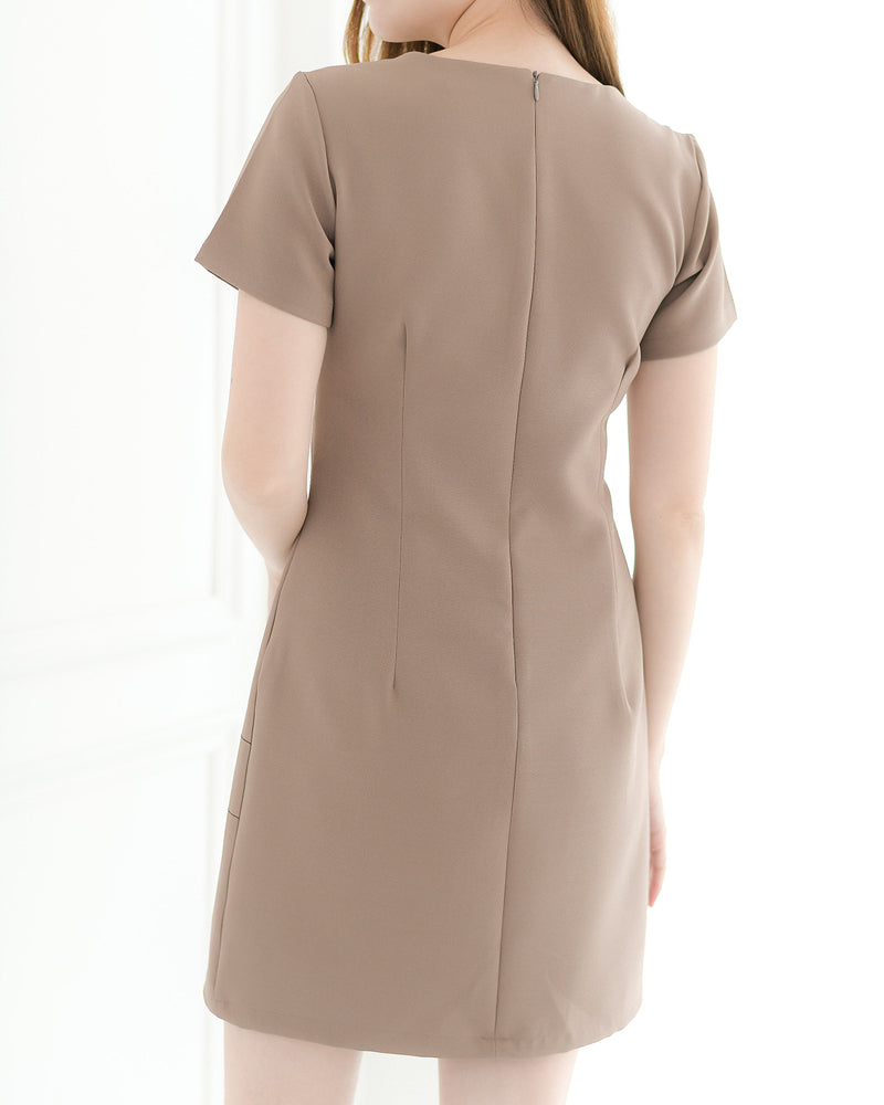 Cross Line Dress 短袖圓領間線設計西裝連身裙 - Brown 棕色 (CB534)