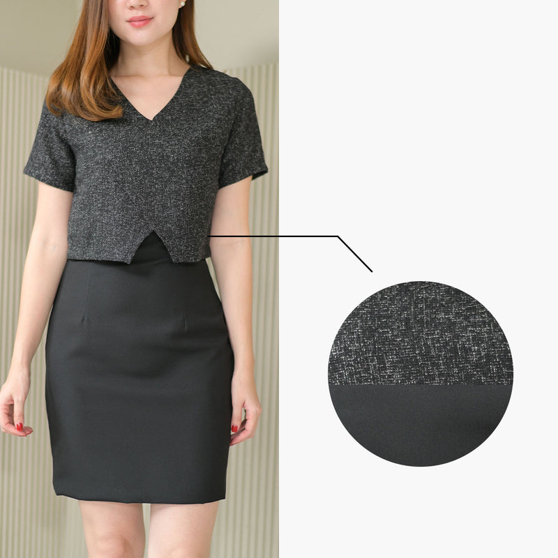 Stephanie dress (chanel) 小香風編織仿兩件V領設計連身裙 - Black 黑色 (CB540)