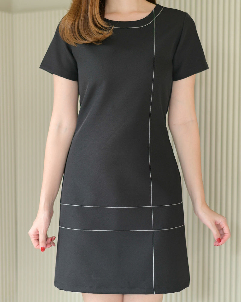 Cross Line Dress 短袖圓領間線設計西裝連身裙 - Black 黑色 (CB534)