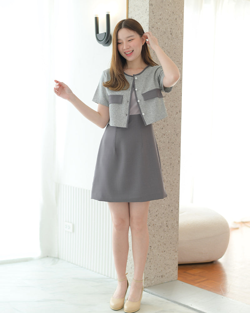 Zuzee Dress 小香風仿兩件外套A字連身裙 - Dark Gray 深灰色 (CB539)