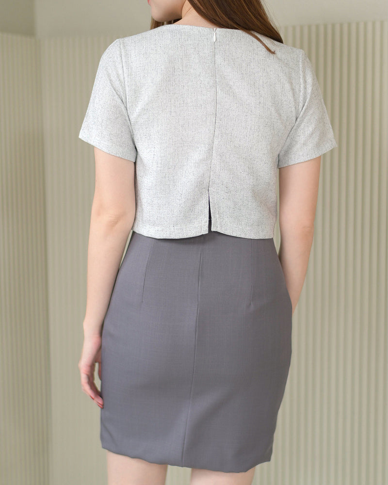 Stephanie dress (chanel) 小香風編織仿兩件V領設計連身裙 - Gray 灰色 (CB540)