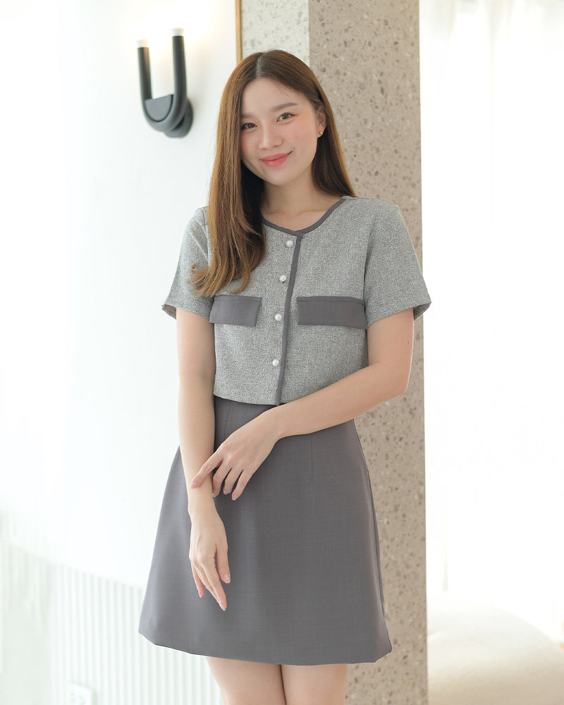 Zuzee Dress 小香風仿兩件外套A字連身裙 - Dark Gray 深灰色 (CB539)
