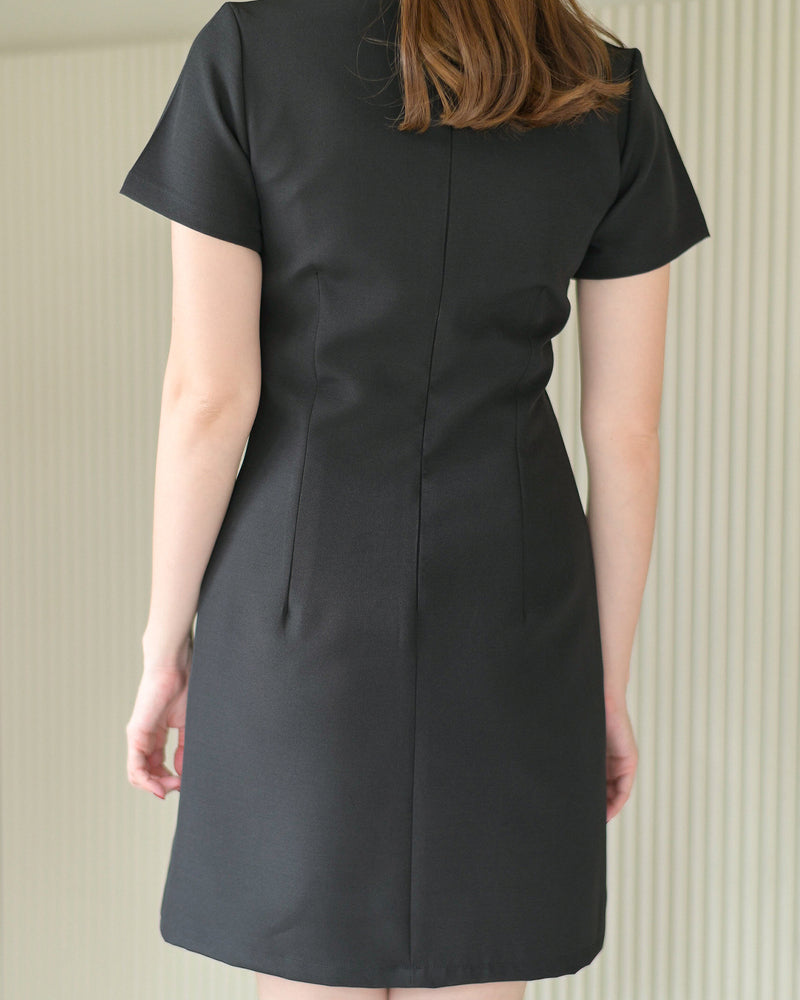 Cross Line Dress 短袖圓領間線設計西裝連身裙 - Black 黑色 (CB534)
