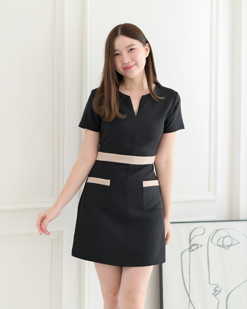 Vanisa Dress 柔軟V領雙色連身裙 - Beige Black 米黑色 (CB552)