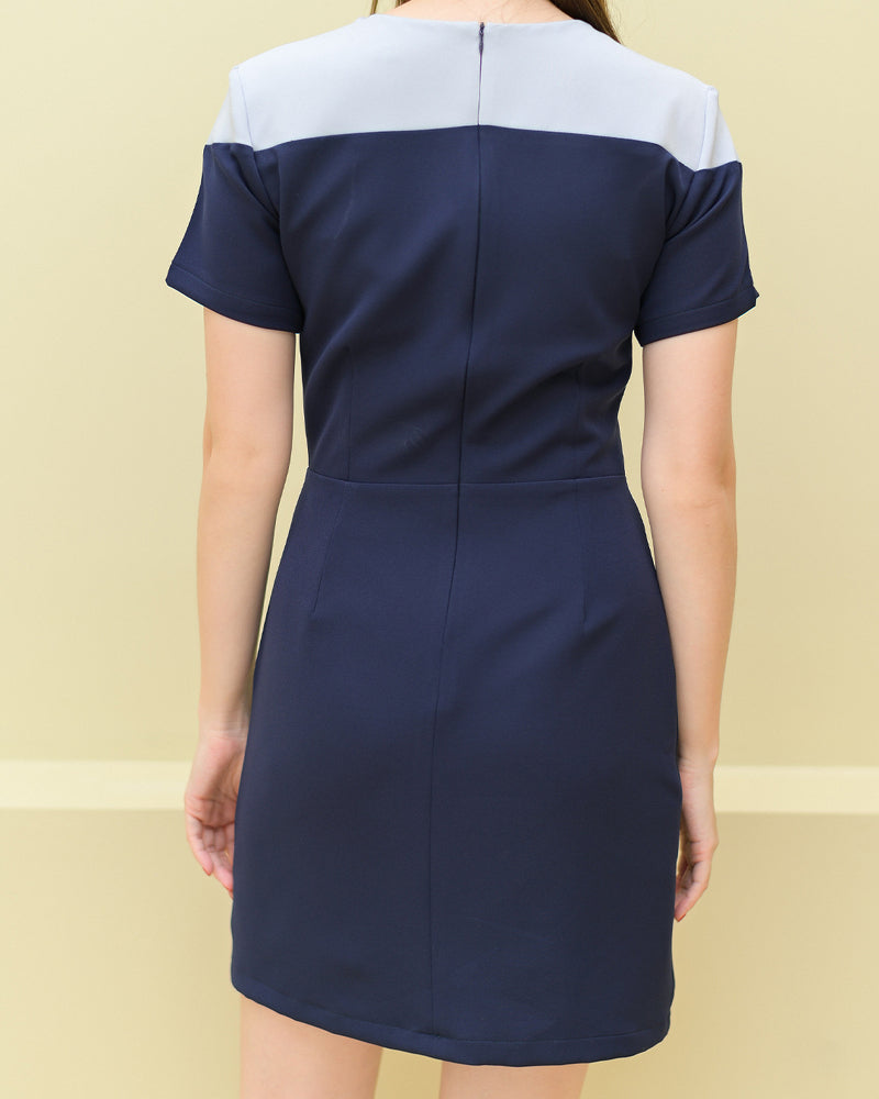 Ava Dress 兩色拼接圓領短袖連身裙 - Navy 深藍色 (CB536)