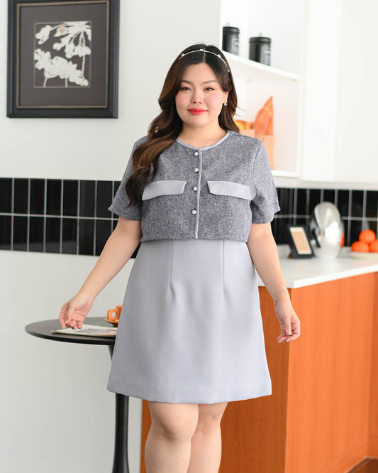 Zuzee Dress 小香風仿兩件外套A字連身裙 - Blue Gray 藍灰色 (CB539 Oversize)