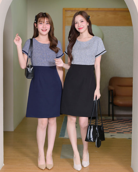 Erin Dress - 上下拼色小圓領修腰連身裙- Navy 深藍色 (CB694)
