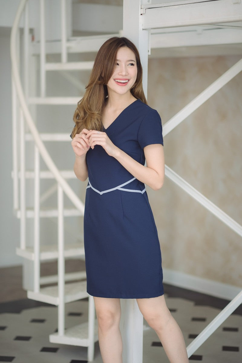 Barbara Dress 最強收腰效果V領短袖連身裙 - Navy 軍藍色 (CB548)