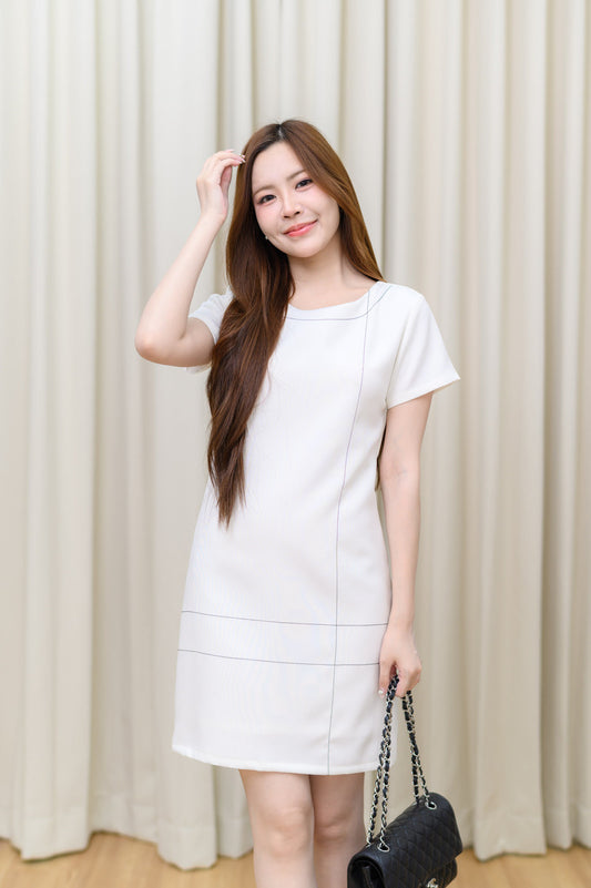 Cross Line Dress 短袖圓領間線設計西裝連身裙 - White 白色 (CB534)