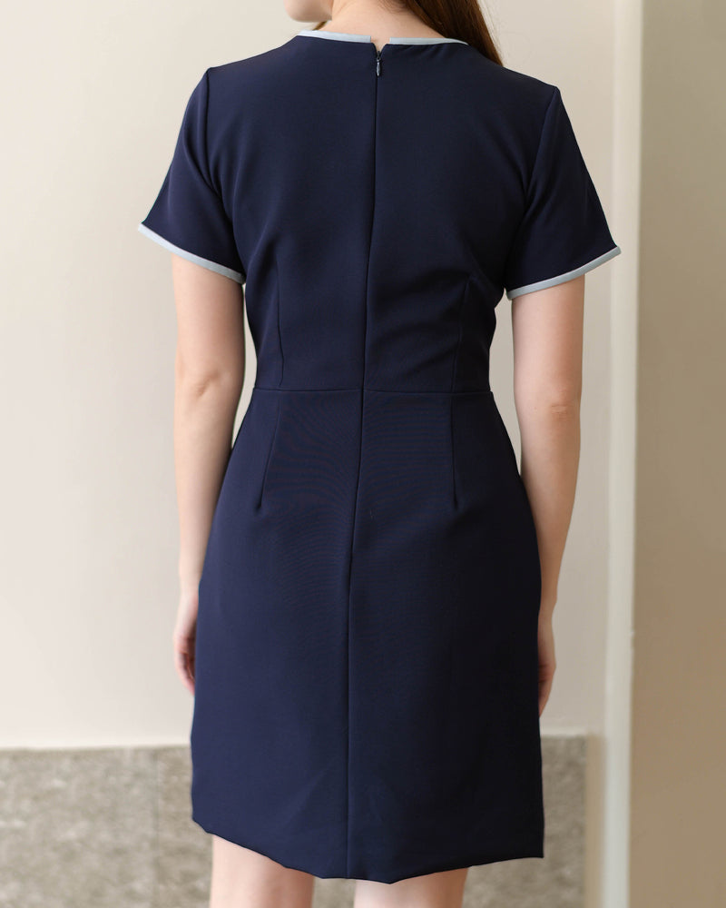 Purra Dress 圓領口袋仿兩件連身裙 - Navy 深藍色 (CB589)