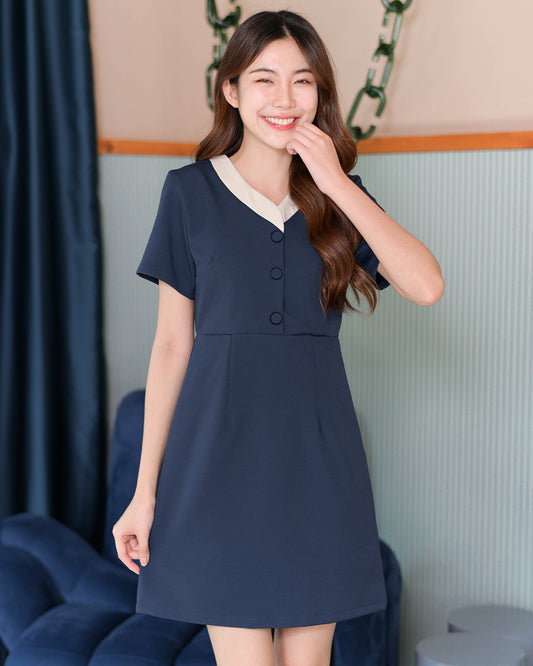 <2025 清貨價 - 原價HK$359>Icy Dress V領拼色飾鈕A字連身裙 - Navy 軍藍色 (CB606)