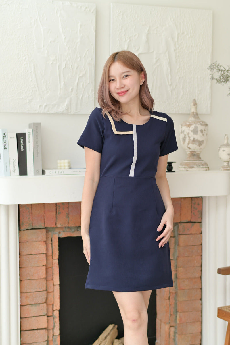 Zoya Dress圓領拼色線短袖連身裙 - Navy 海藍色 (CB596)