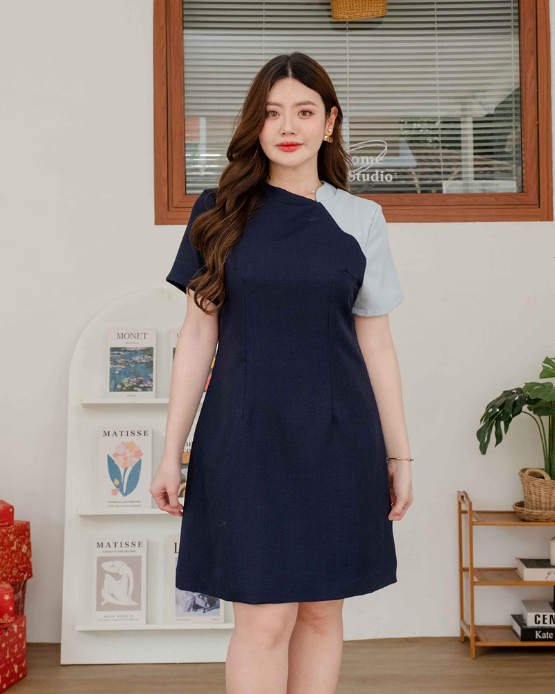 Yorada Dress 拼色短袖A字連身裙 -  Navy 深藍色 (CB608)