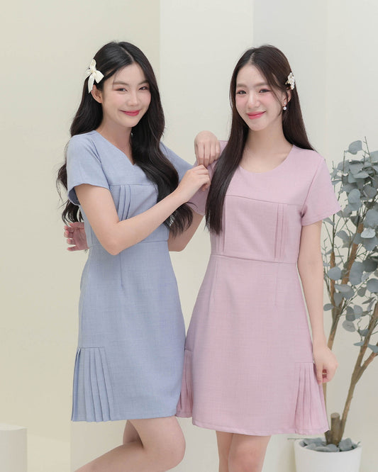 CB687 Nuna Dress -氣質圓領麻質布料連身裙- Grey Blue 藍灰色