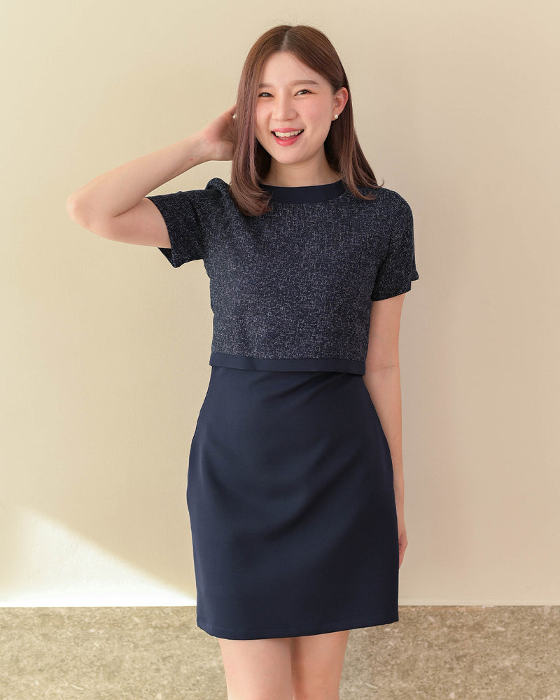 Dreamy Dress 拼色小香風圓領短袖連身裙 - Navy 深藍色 (CB582)