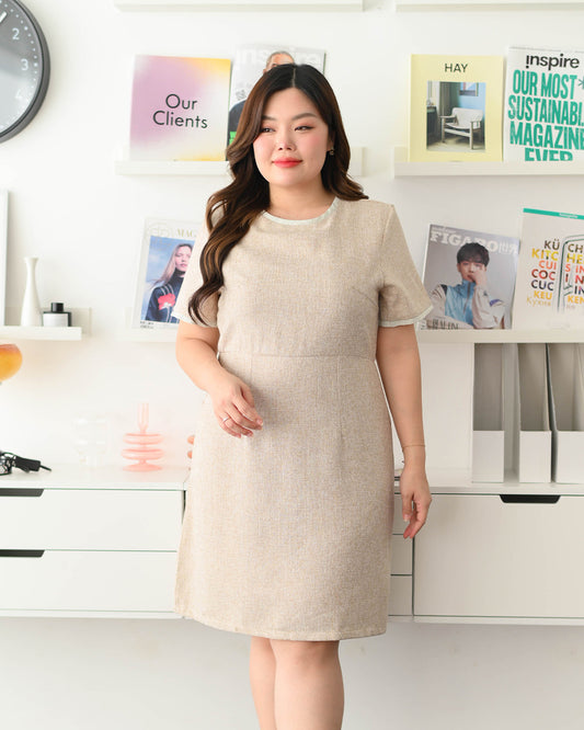 CB609 Benzy Dress 圓領拼色小香風修腰A字連身裙 - Beige 米色 (Oversized)