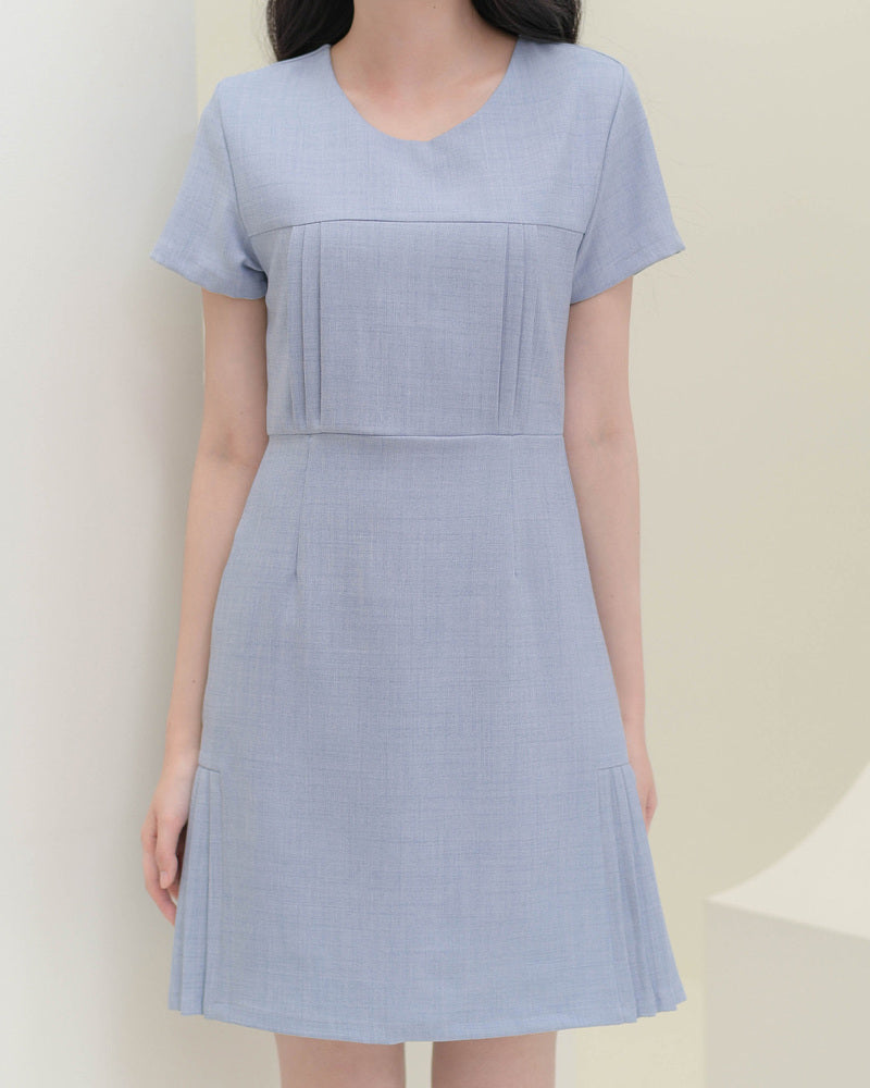 CB687 Nuna Dress -氣質圓領麻質布料連身裙- Grey Blue 藍灰色