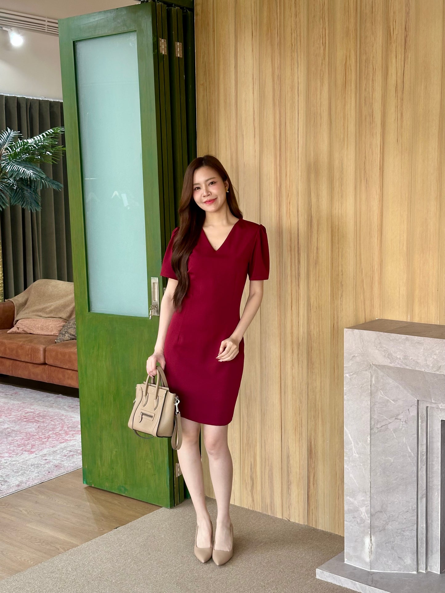 Basic D Dress V領公主袖西裝連身裙-  Red 紅色 (CB621)