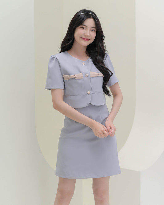Bomin Dress -氣質仿兩件套裝連身裙- Grey Blue 灰藍色 (CB689)