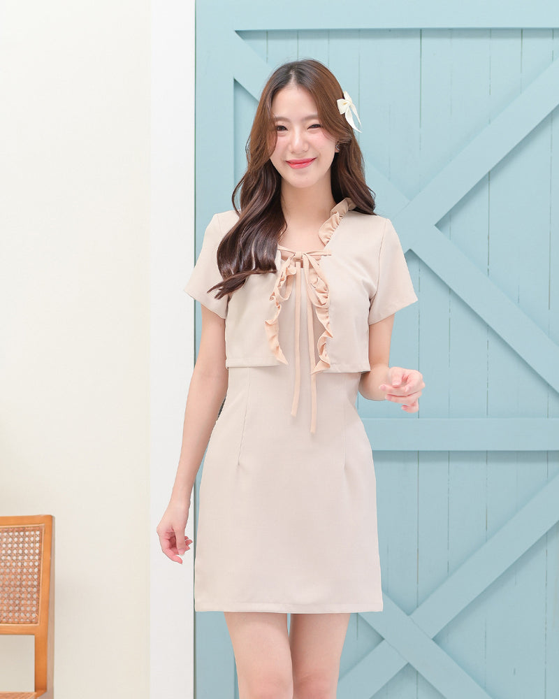 Tata Dress 花花仿小外套短袖連身裙-  Beige 米色 (CB628)