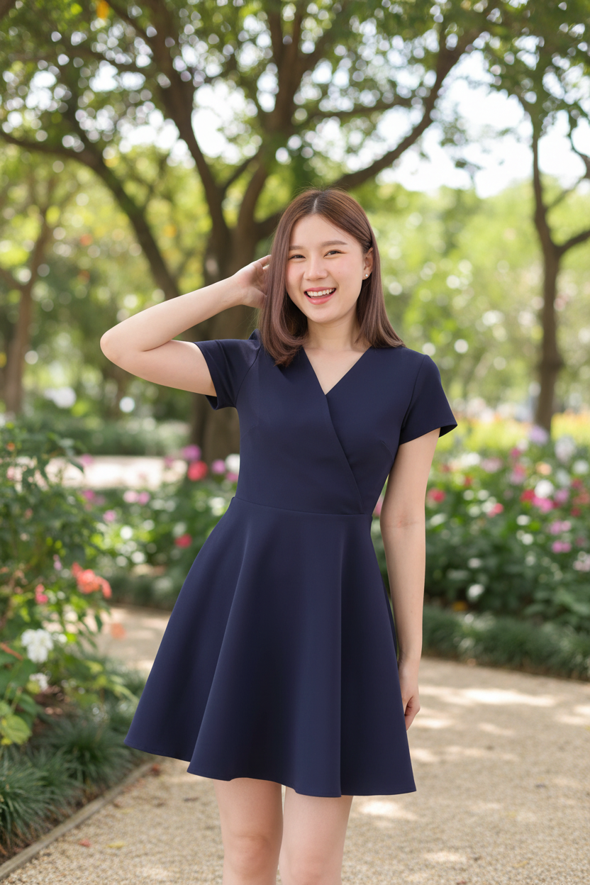 Jasmine Dress 純色疊領短袖貼身傘型連身裙 - Navy 深藍色 (CB593)