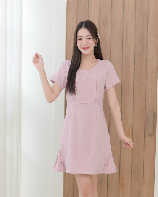 CB687 Nuna Dress -氣質圓領麻質布料連身裙- Pink 粉紅色