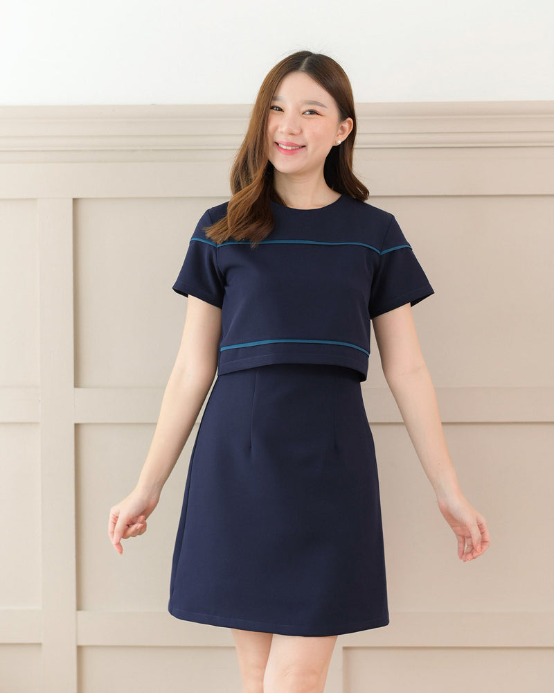 Sani Dress 圓領幼線拼色仿兩件連身裙 - Navy 深藍色 (CB587)