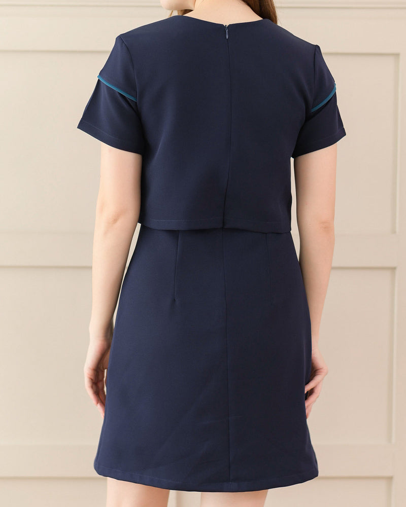 Sani Dress 圓領幼線拼色仿兩件連身裙 - Navy 深藍色 (CB587)
